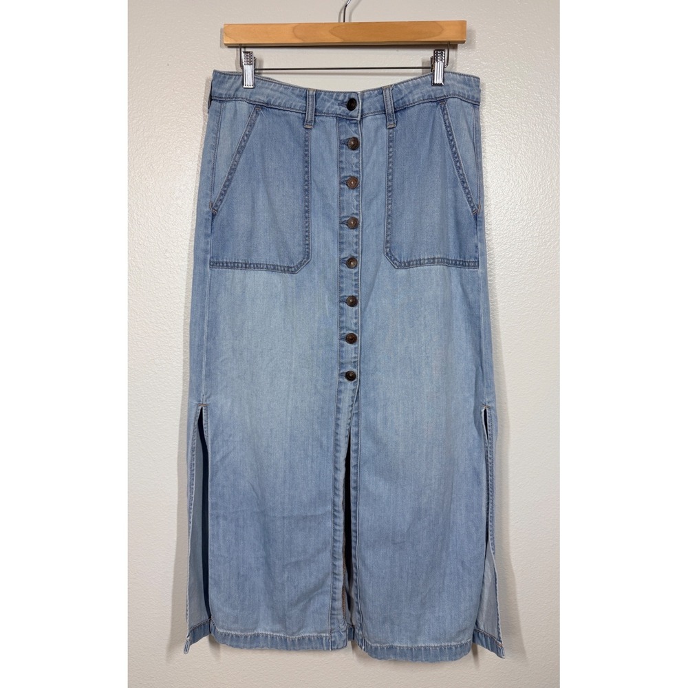 American Eagle Skirt Womens 12 Blue Denim Button Front Maxi Side Slit Casual